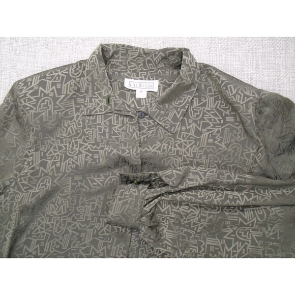 Lili Butler Silk Button Blouse Size Women's Medium Abstract Pattern Shoulder Pad - Picture 4 of 11